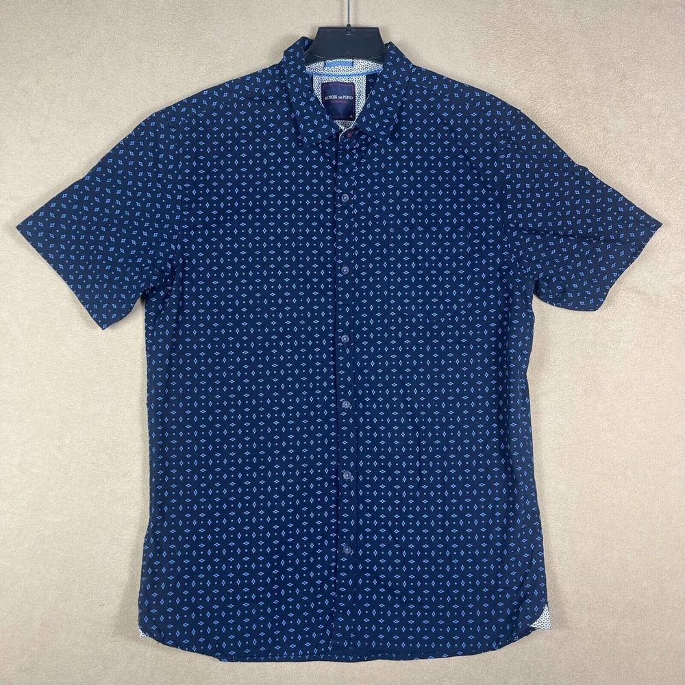 Across The Pond Mens XL Button Up Short Sleeve Shirt Blue‎ Pocket 100% Cotton